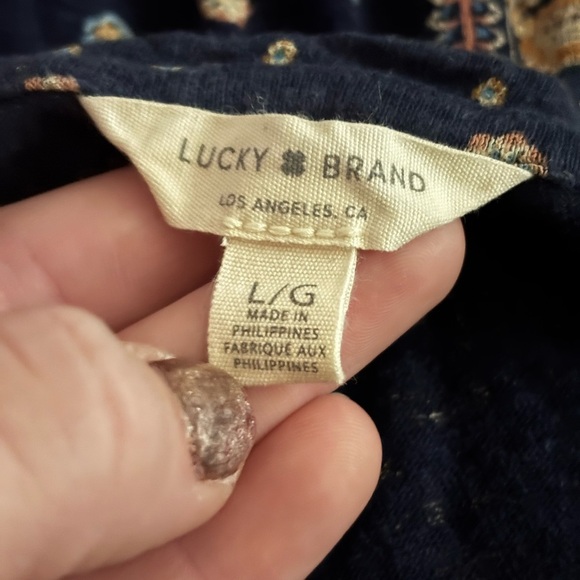 Boho Lucky Brand Dark Blue Blouse with White and Tan Accents - Picture 2 of 7